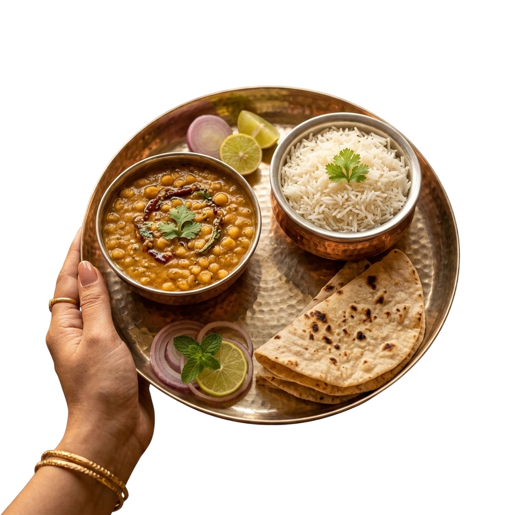 Indian thali with dal, rice, roti — ready for pickle