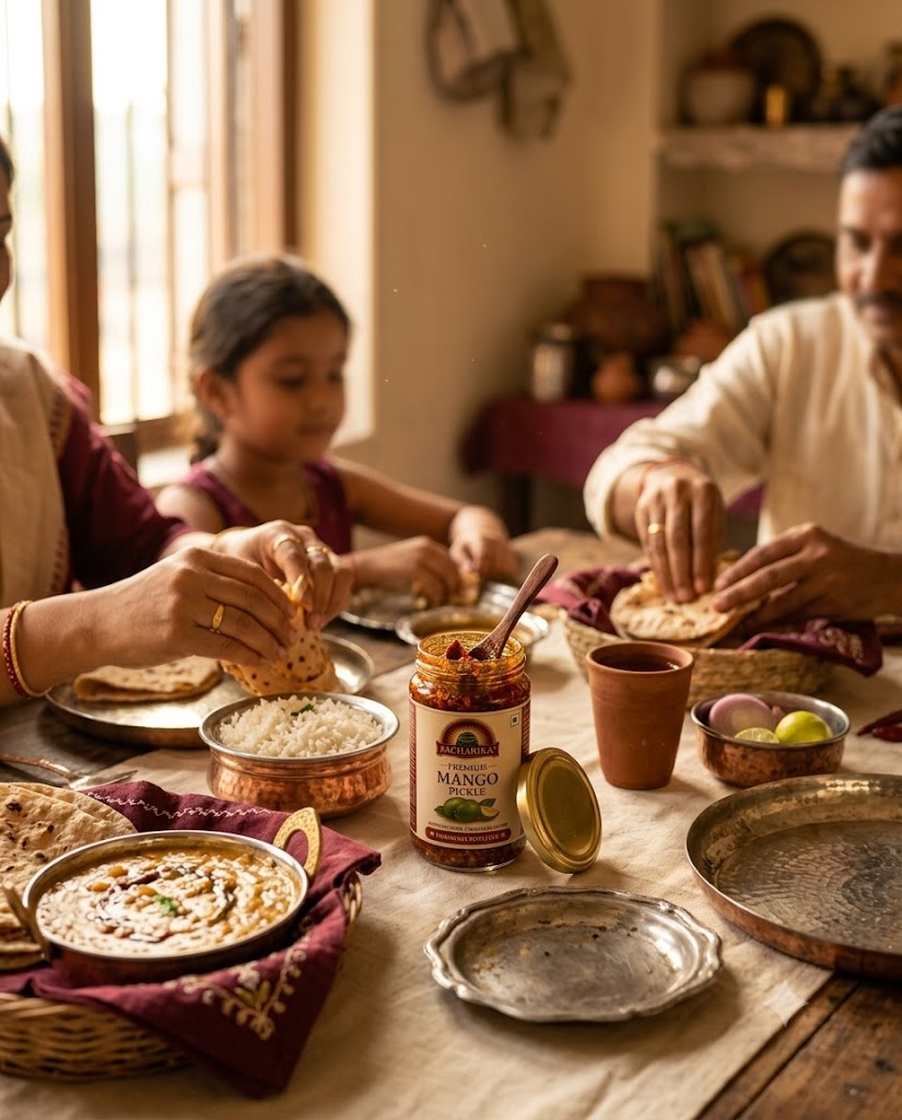 A family sharing a home-cooked meal with Pacharika pickle