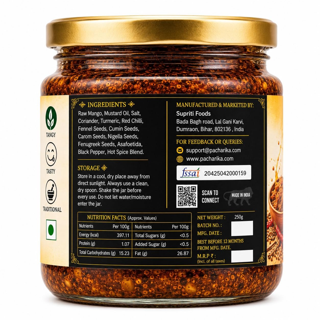 Ingredient label on Pacharika mango pickle jar