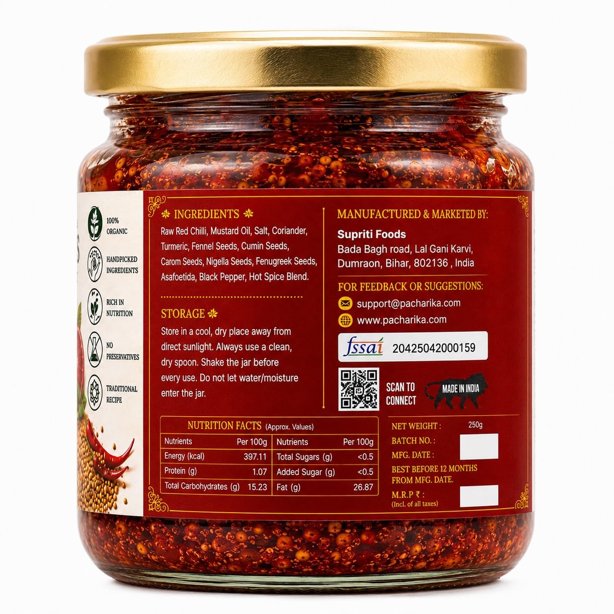 Pacharika red chilli pickle nutrition label