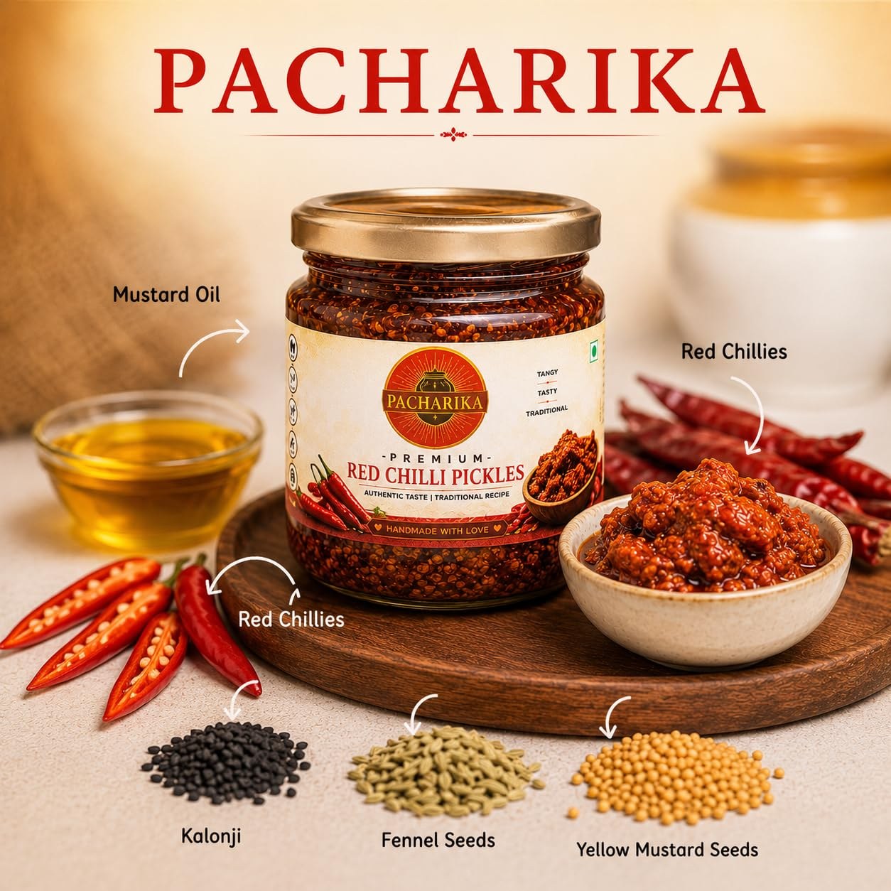 Red chilli pickle served with paratha and curd
