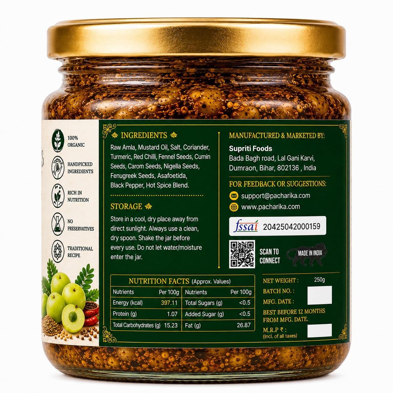Pacharika amla pickle ingredient and nutrition label