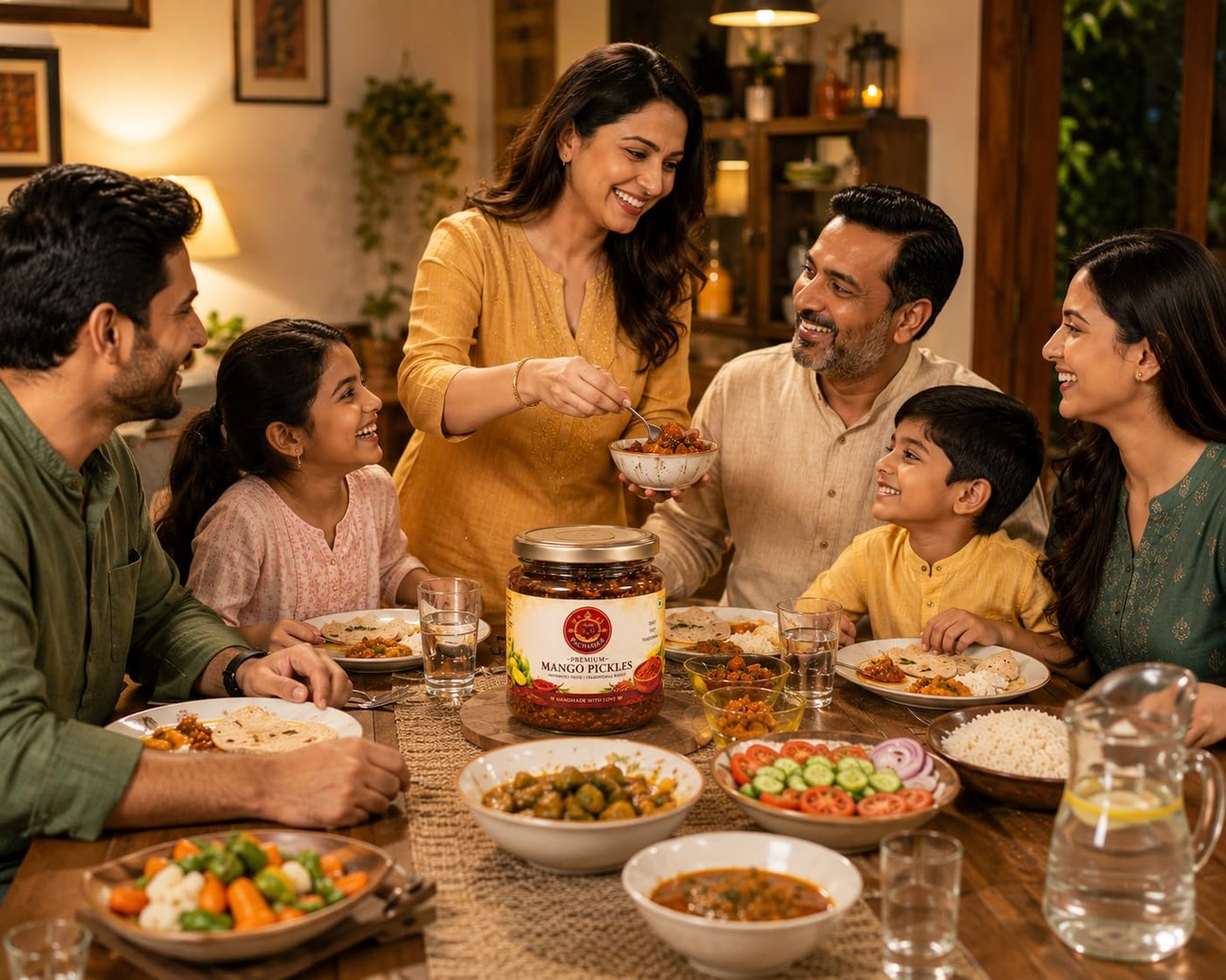 A family sharing a home-cooked meal with Pacharika pickle at the table
