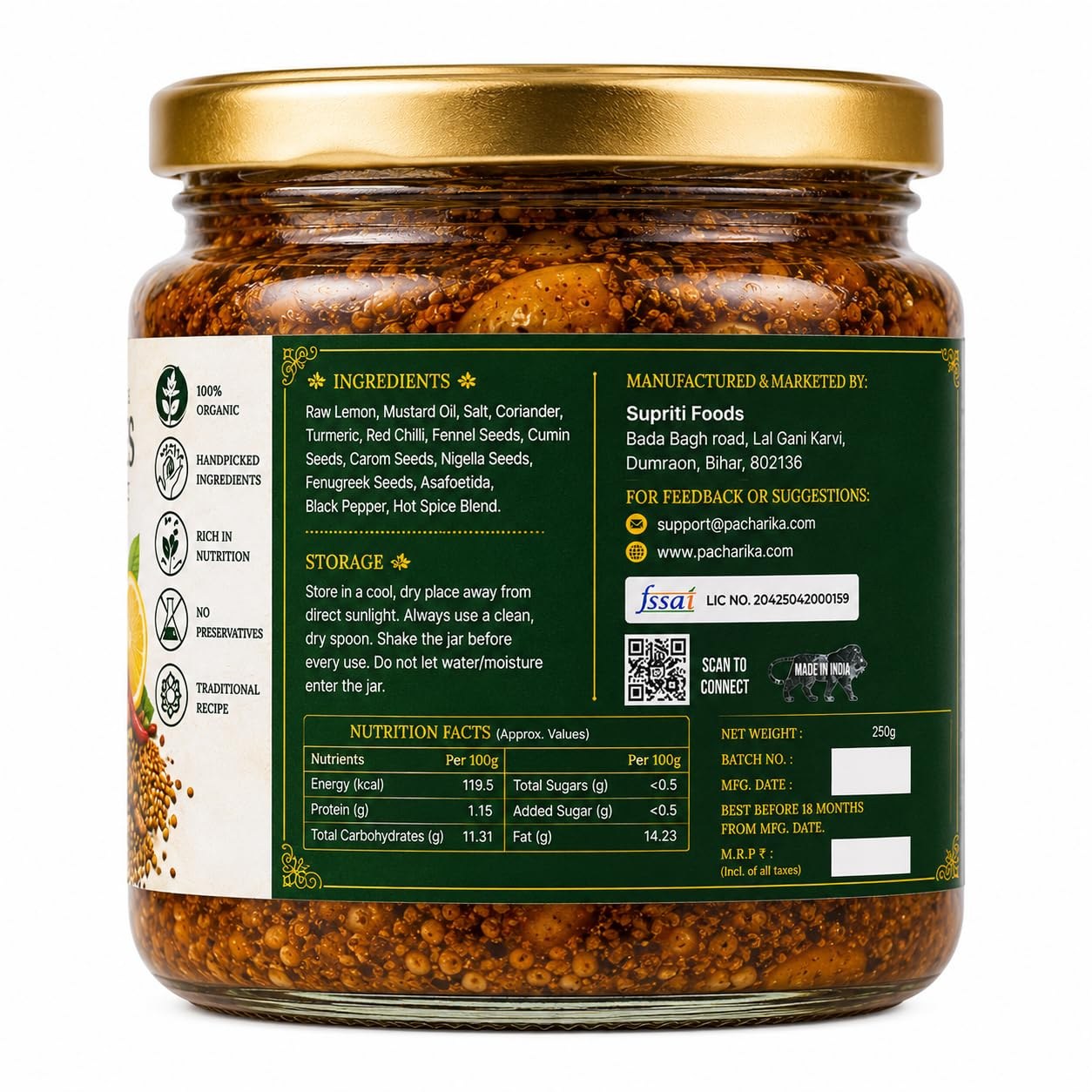 Pacharika lemon pickle nutrition label