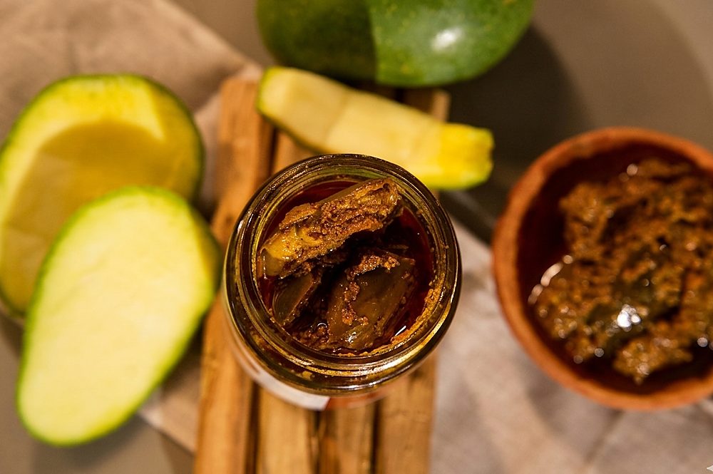 Open mango pickle jar top view